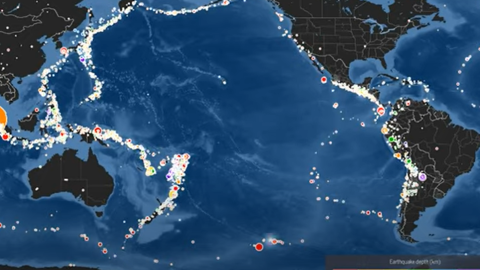 Localización de terremotos en el océano Índico oriental y el anillo de fuego del Pacífico.