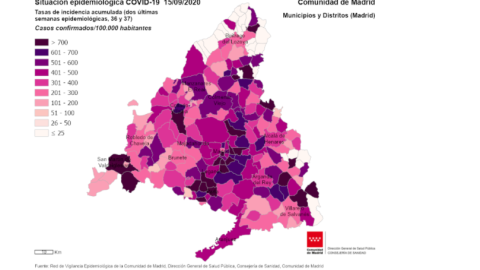 Mapa con la incidencia acumulada de la Comunidad de Madrid.