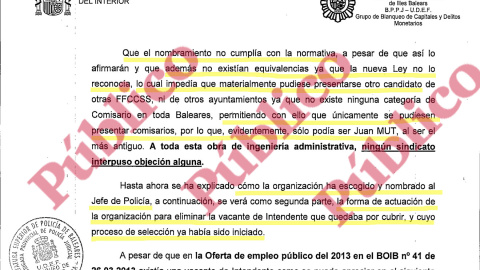 Fragmento del análisis policial enviado al Juzgado de Instrucción Nº12 de Palma en el que se constata que fue irregular el nombramiento de Joan Mut como jefe de la Policía Local.