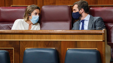 23/09/2020.- El líder del PP, Pablo Casado, conversa con la portavoz parlamentaria, Cuca Gamarra, durante la sesión de control al Gobierno este miércoles en el Congreso. EFE/ Emilio Naranjo