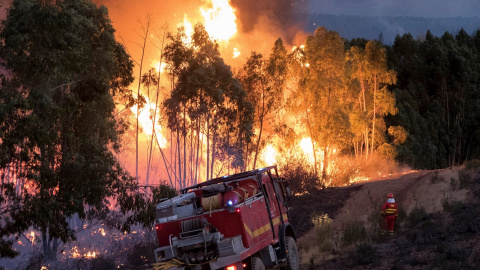 Miembros de la UME extinguen el incendio de Almonaster la Real, en Huelva. / DAVID ARJONA (EFE)