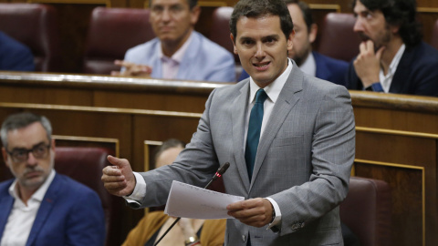 El líder de Ciudadanos, Albert Rivera, durante su intervención en la sesión de control al Gobierno el Congreso de los Diputados. EFE/Kiko Huesca