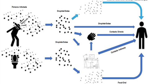 Vías de transmisión del SARS-CoV-2 (adaptado de REHVA). / UCO