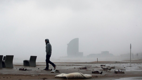 21/01/2020.- Una persona camina por la playa de la Barceloneta, en Barcelona durante el temporal. / EFE - ENRIC FONTCUBERTA