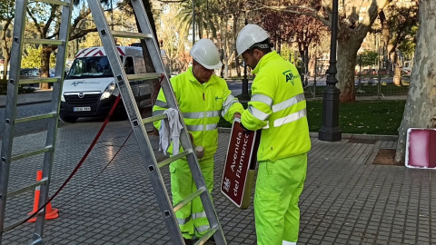 Operarios quitando la placa de la Avenida del Flamenco (Córdoba) / Captura de Youtube