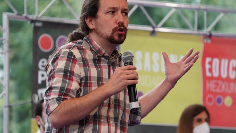 06/07/2020 - El secretario general de Podemos y vicepresidente segundo del Gobierno y Ministro de Derechos Sociales y para la Agenda 2030, Pablo Iglesias, durante su intervención en un acto de campaña del partido en el Palacio Euskalduna de Bilbao, Vizc