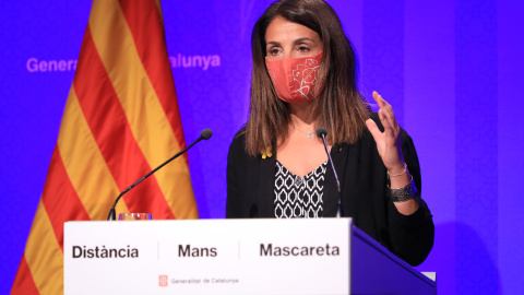 La portaveu del Govern, Meritxell Budó, durant la roda de premsa posterior al Consell Executiu del Govern el 14 de juliol de 2020. Govern