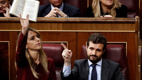 El presidente del PP, Pablo Casado, junto a su portavoz, Cayetana Álvarez de Toledo, este domingo en el Congreso de los Diputados al comienzo de la segunda jornada del debate de investidura de Pedro Sánchez como presidente del Gobierno. EFE/Mariscal