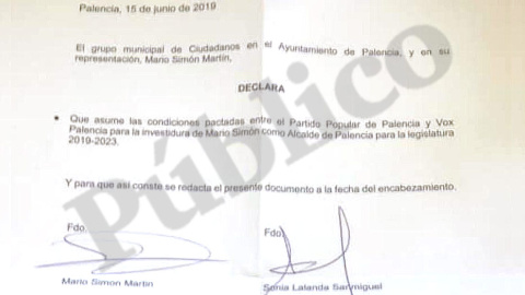 Carta donde el alcalde de Palencia (Cs) firma y ratifica el pacto PP-Vox. /PÚBLICO