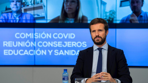 26/08/2020.- El presidente y líder del Partido Popular, Pablo Casado, participa este miércoles en una reunión con Consejeros de Educación y Sanidad de las comunidades en que gobiernan los populares desde Madrid, con el objetivo de preparar un "plan B 