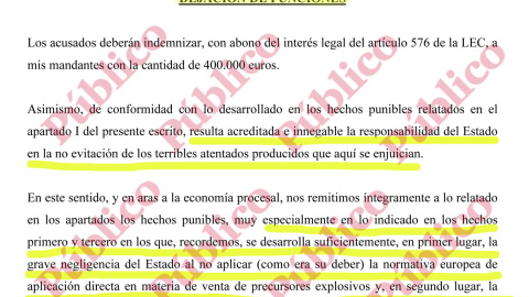 Arranque del capítulo VI de las conclusiones de la defensa de las víctimas de los atentados del 17-A imputando "responsabilidad directa del Estado por negligencia y dejación de funciones".