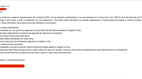 Email enviado a la gerencia de La Paz por parte de la delegación de CCOO en el hospital.