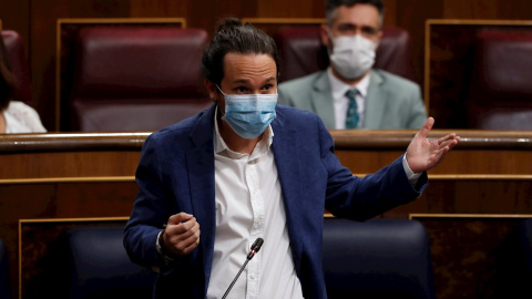 El vicepresidente del Gobierno y líder de Podemos, Pablo Iglesias, durante la última sesión de control al Gobierno en el Congreso. - EFE