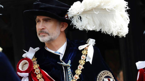 El rey Felipe VI, con la toga, el sombrero y los atributos que componen el uniforme de caballero. EFE