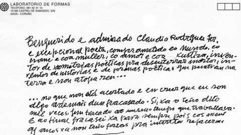 Carta de Isaac Díaz Pardo a Claudio Rodríguez Fer. / CADERNOS DE ESTUDOS LOCAIS