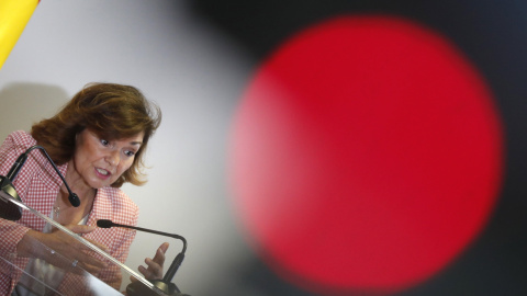 La vicepresidenta del Gobierno, Carmen Calvo, durante su intervención en el acto de presentación de la nueva web del BOE. EFE/ Javier Lizón