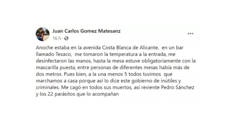 Publicación en Facebook de Juan Carlos Gómez Matesanz, portavoz del PP en La Granja (Segovia): "Me cago en todos sus muertos, así reviente Pedro Sánchez y sus 22 parásitos" - JUAN CARLOS GÓMEZ MATESANZ / FACEBOOK