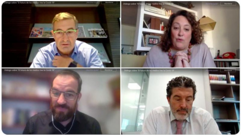 Los directores de 'Público', 'La Vanguardia', 'laSexta' y 'ABC' durante el encuentro informativo '‘El futuro de los medios tras la covid-19', organizado por Servimedia. / SERVIMEDIA