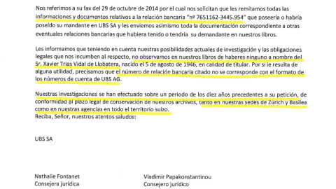 Extracto del certificado de la Unión de Bancas Suizas desmintiendo la cuenta de Trias y explicando que el número publicado ni siquiera corresponde al formato que ellos emplean.