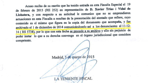 Fragmento del certificado de Anticorrupción sobre el archivo de la causa contra Trias.