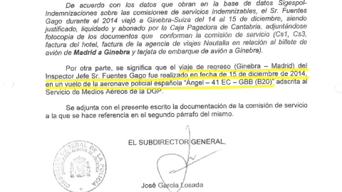 Extracto del oficio "reservado" del subinspector general de la Policía en el que se detalla el viaje de Fuentes Gago a Suiza y su regreso en la aeronave policial 'Ángel-41EC-GBB'.