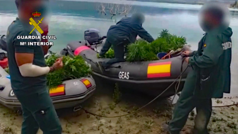 Agentes del GEAS transportan las plantas y el generador en lancha, a través del embalse oscense de El Grado. / Guardia Civil