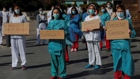 Un grupo de enfermeras se manifiesta en el exterior del hospital La Paz en Madrid este lunes. | EFE