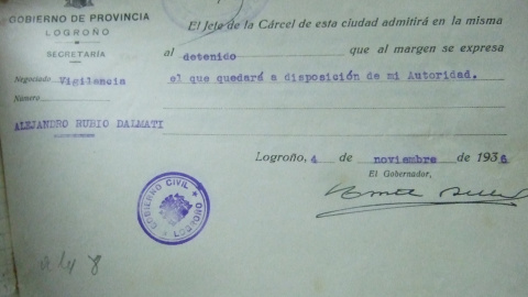 Registro de la entrada a prisión de Rubio Dalmati en noviembre de 1936.- FACILITADO POR JESÚS AGUIRRE