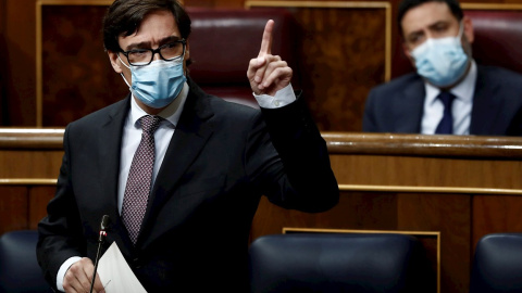 MADRID, 14/10/2020.- El ministro de Sanidad, Salvador Illa, durante su intervención en la sesión de control al Ejecutivo este miércoles en el Congreso. EFE/ Mariscal