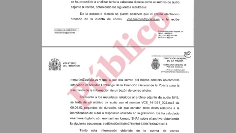 Fragmento del informe de la Unidad de Delitos Tecnológicos sobre el mail de Fuentes Gago a Martín-Blas, contenido en el sumario de la subpieza secreta del caso Nicolás.