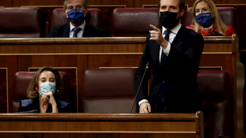 MADRID, 14/10/2020.- El líder del PP, Pablo Casado, durante su intervención en la sesión de control al Ejecutivo este miércoles en el Congreso. EFE/ Mariscal