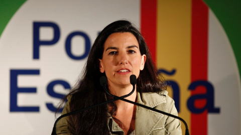 09/05/2019.- La candidata de Vox a la Comunidad de Madrid, Rocío Monasterio, interviene en el acto previo al inicio de campaña de la formación, hoy en Paracuellos del Jarama. EFE/Javier López