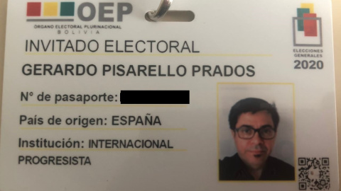 Documento de Gerardo Pisarello, expedido por el Tribunal Superior Electoral de Bolivia, que le legitima como observador internacional. Documento cedido a 'Público'.