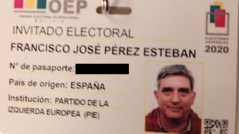 Documentación de Fran Pérez facilitada por el Tribunal Superior Electoral de Bolivia, que le habilita como observador internacional. Cedida a 'Público'.