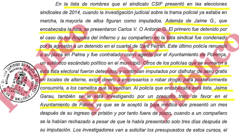 Fragmento del macro-informe de la Policía Judicial sobre las actividades de los policías escogidos por Garau para integrar las listas sindicales del CSIF.