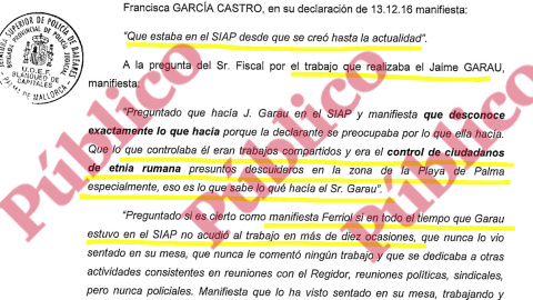 Fragmento de la declaración judicial de Francisca García Castro sobre las actividades de Garau en el SIAP.