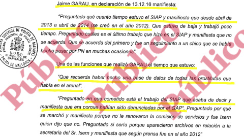 Fragmento de la declaración de Jaime Garau ante el juez en la que reconoce que elaboró una base de datos de las prostitutas de la Playa de Palma.