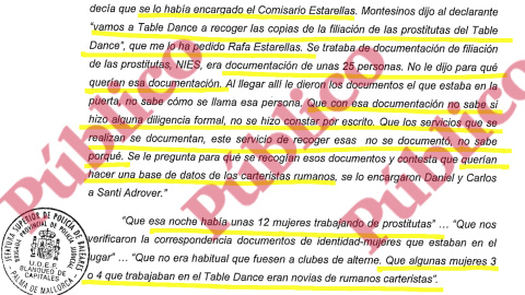 Fragmento de la declaración judicial de Francisco Ruiz Casado sobre una actuación del GAP en el prostíbulo Table Dance.