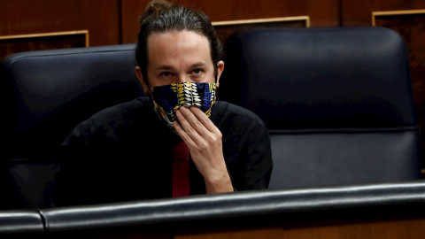 El vicepresidente segundo del Gobierno, Pablo Iglesias, durante una sesión de control al Gobierno en el Congreso de los Diputados, en Madrid. EFE/ Mariscal