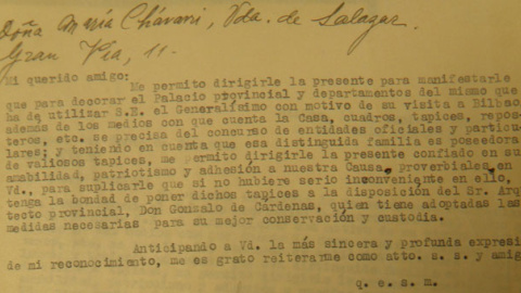 Carta solicitando tapices para Franco.