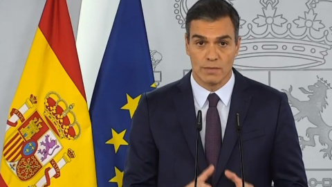 El presidente del Gobierno, Pedro Sánchez, durante su declaración sobre la situación de la pandemia de la covid-19, en el Palacio de la Moncloa.