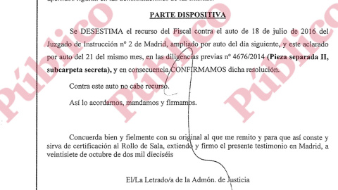 Parte dispositiva final del auto de la Audiencia Provincial de Madrid confirmando que hay que solicitar las cuentas de e-mail de Fuentes Gago, Inda y Urreiztieta.