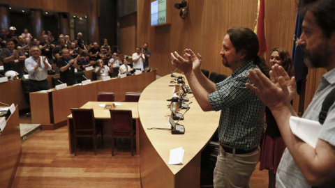 El secretario general de Podemos, Pablo Iglesias durante durante la jornada por la defensa de los servicios públicos organizada por el Grupo Parlamentario Unidas Podemos-En Comú Podem-Galicia en Común en el Congreso de los Diputados. (MARISCAL | EFE)