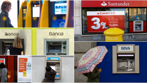 Cajeros automáticos en oficinas de los seis mayores bancos españoles, Caixabank, Bankia, Bankinter, Sabadell, Santander, y BBVA. EFE/REUTERS