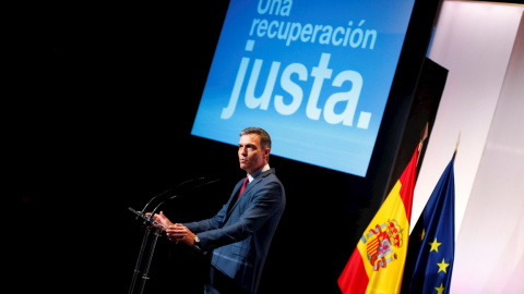 01/09/2021.-El presidente del Gobierno, Pedro Sánchez, durante la presentación este miércoles en un acto con buena parte de su gabinete, y al que están invitados empresarios y sindicatos.