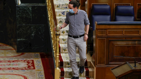 El vicepresidente segundo del Gobierno, Pablo Iglesias tras su intervención en el debate de dos mociones tras la sesión de control al Gobierno este miércoles en el Congreso.