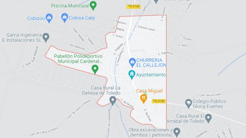 Mapa de Cobisa (Toledo) donde se aprecia como un arroyo atraviesa el pueblo.