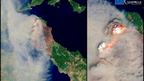 Imagen del satélite Copernicus de la Unión Europea del incendio de Eubea, Grecia.