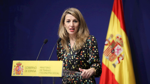 La ministra de Trabajo y Economía Social, Yolanda Díaz, este jueves en la sede del Ministerio en Madrid.