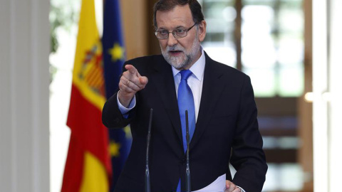 El presidente del Gobierno, Mariano Rajoy, durante su comparecencia hoy en Moncloa.- EFE